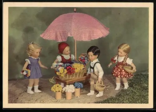 AK Käthe Kruse-Puppe, Puppen am Blumenstand