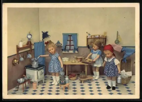 Künstler-AK 3 Käthe Kruse Puppen, Küche, Herd, Teig, Töpfe