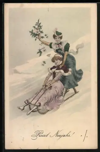 AK Prosit Neujahr, zwei junge Frauen fahren mit einem Schlitten den Abhang hinunter mit Stechpalmenzweigen