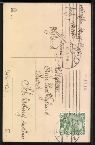 AK Prosit Neujahr, zwei junge Frauen fahren mit einem Schlitten den Abhang hinunter mit Stechpalmenzweigen