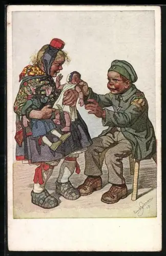Künstler-AK Emil Beithan: Kindersoldat greift nach Puppe eines Mädchen's