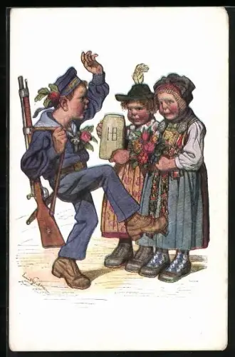 Künstler-AK Emil Beithan: Kleiner Soldat mit Gewehr und Mädchen in bayerischer Tracht