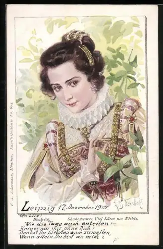 Künstler-AK Franz Doubek: Beatrice aus Shakespeares Viel Lärm um Nichts, Jugendstil