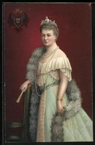 AK Kaiserin Auguste Victoria, Portrait mit Krone im festlichen Kleid, Wappen