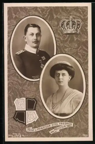 AK Porträt Prinz und Prinzessin Eitel Friedrich von Preussen, Wappen und Krone