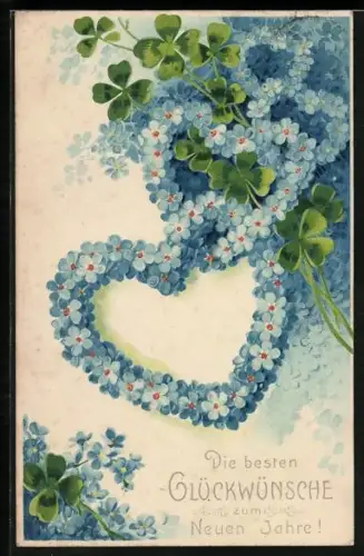 Präge-AK Herzen aus Vergissmeinnicht, Kleeblätter, Neujahrsgruss