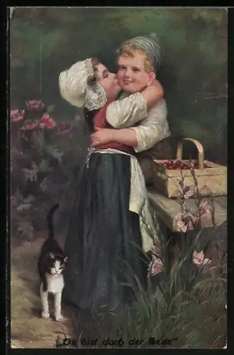 Künstler-AK sign. H. Susemihl: Ein kleines Mädchen küsst ihren kleinen Freund auf die Wange und die Katze schaut zu