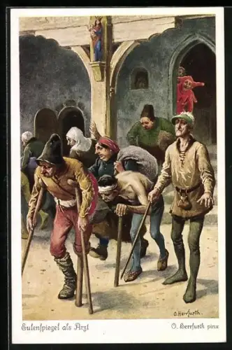 Künstler-AK Oskar Herrfurth: Nürnberg, Märchen, Till Eulenspiegel als Arzt