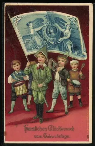 AK Jungen mit Trommeln und Fahne, Geburtstagsgruss