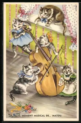 Künstler-AK Katzen in Kleidern spielen das Cello