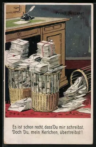 AK Schreibtisch und Körbe voller Briefe, Neujahrsgruss