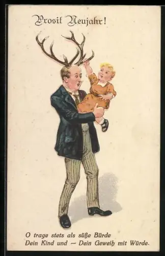 AK Mann mit Geweih und Kind auf dem Arm, frauenfeindlicher Humor