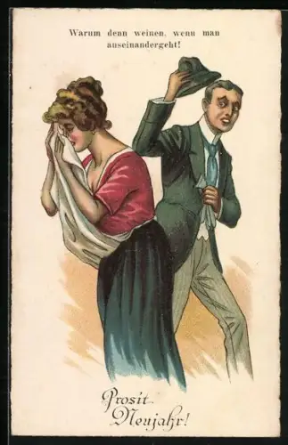 AK Galan verabschiedet sich von weinender Frau, Neujahrsgruss