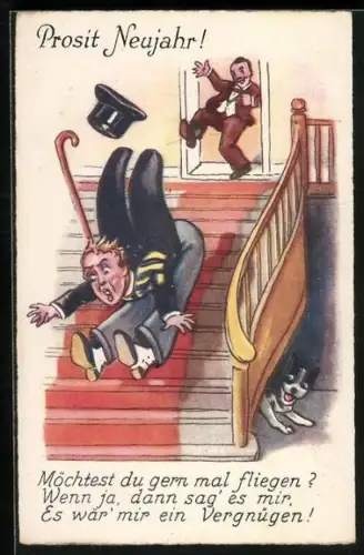 AK Mann fällt die Treppe runter, Neujahrsgruss