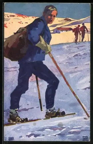 Künstler-AK Mann auf Ski im Winter