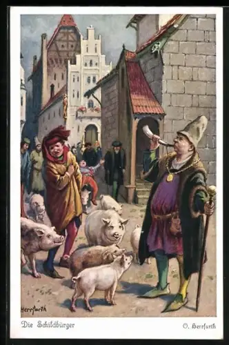 Künstler-AK Oskar Herrfurth: Die Schildbürger, Schweinehirt mit Horn und Schweinen, Märchen