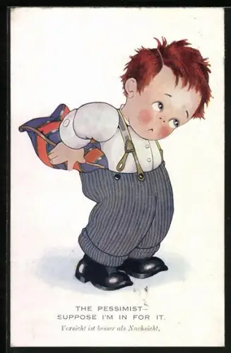 AK The Pessimist, Rothaariger Junge mit Kissen
