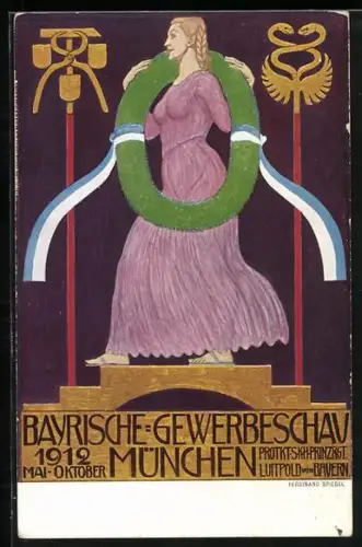 Künstler-AK Ferdinand Spiegel: München, Bayerische Gewerbe-Schau 1912, Frau mit Kranz und Schleife