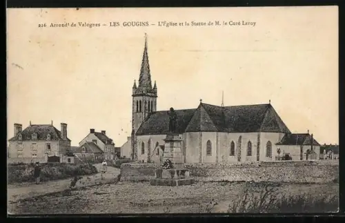 AK Les Gougins, L`Église et la Statue de M. le Curé Leroy
