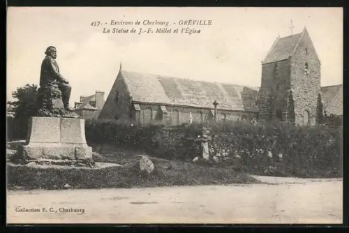 AK Greville, La Statue de J.-F. Millet et l`Eglise