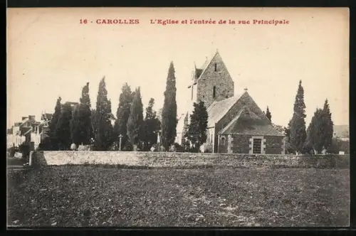 AK Carolles, L`Eglise et l`entrée de la rue Principale