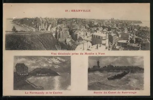 AK Granville, Vue Générale prise du Moulin à Vent, Le Normandy et le Casino, Sortie du Canot de Sauvetage