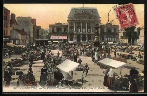 AK Cherbourg, La Place du Château et le Théâtre, Un jour de Marché