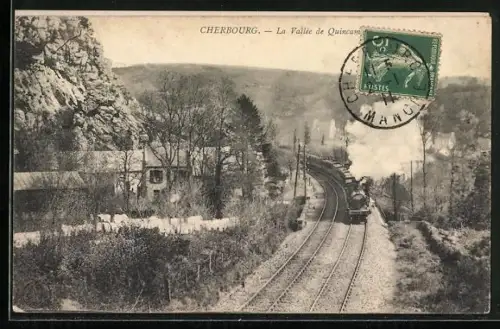 AK Cherbourg, La Vallée de Quincampoix avec train à vapeur