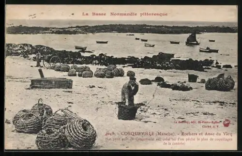 AK Cosqueville /Manche, Rochers et Anse du Vîcq, pêche de coquillages de la contrée