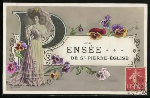 AK St-Pierre-Église, Carte illustrée avec femme élégante et pensées florales