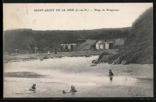 AK Saint-Jacut de la Mer /C.-du-N., Plage de Rougeraye avec baigneurs et cabines de plage