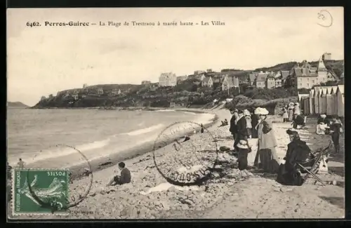 AK Perros-Guirec, La Plage de Trestraou à marée haute, Les Villas