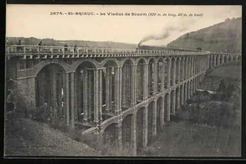 AK St-Brieuc, Le Viaduc de Souzain avec train à vapeur en traversée