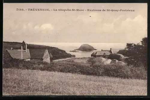AK Tréveneuc, La Chapelle St-Marc avec vue sur la mer et l`île au loin