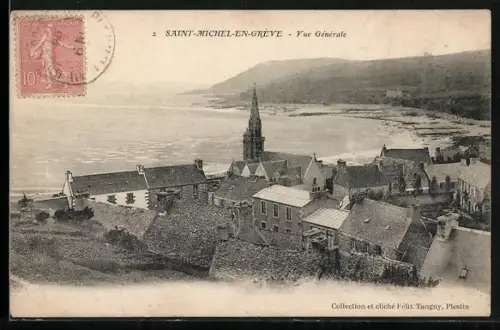 AK Saint-Michel-en-Grève, Vue générale du village et de la côte avec l`église au premier plan