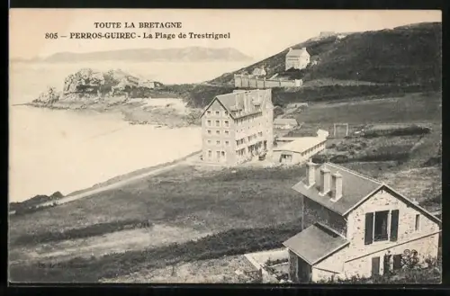 AK Perros-Guirec, La Plage de Trestrignel et les bâtiments côtiers