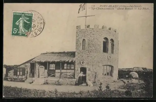 AK Port-Blanc /Côtes-du-Nord, Ty-Chanonnion chez Botrel, maison en pierre et tour battue par le vent