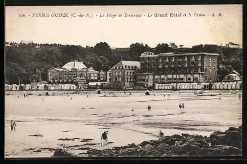 AK Perros-Guirec /C.-du-N., La Plage de Trestraou, Le Grand Hôtel et le Casino