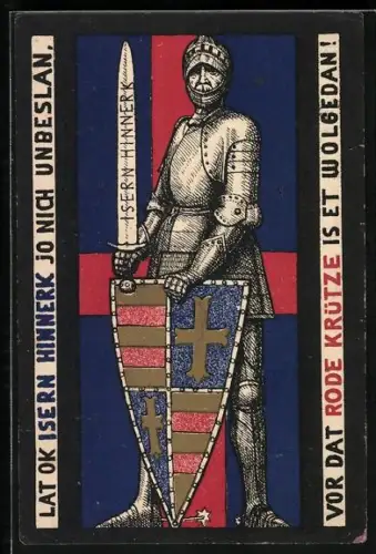 Künstler-AK Oldenburg /Gr., Ritter mit Schild und Schwert, Lat Ok Isern Hinnerk Jo Unbeslan
