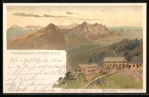 Künstler-AK Edward Harrison Compton: Herzogstand-Häuser und Blick auf das Gebirge