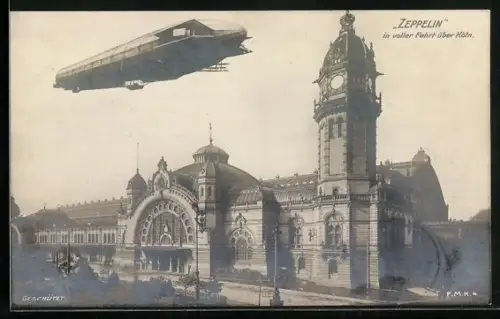 Foto-AK Köln, Zeppelin in voller Fahrt über dem Ort