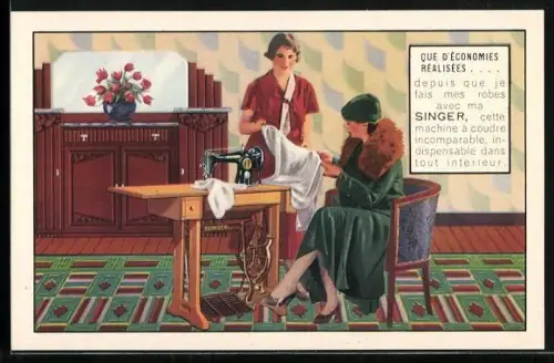 AK Frauen an einer Singer-Nähmaschine