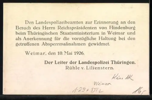Foto-AK Weimar / Thüringen, Erinnerung für die Landespolizei an den Besuch des Reichspräsidenten von Hindenburg 1926