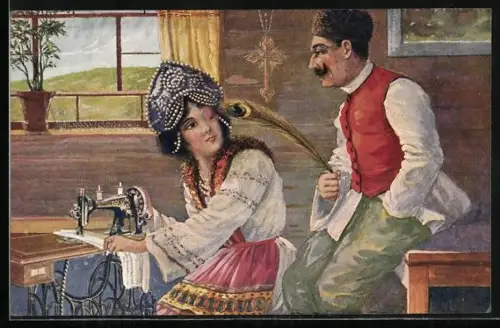 AK Reklame für Seidel & Naumann Nähmaschinen, Dresden, Mann neckt mit Pfauenfeder die schöne Araberin