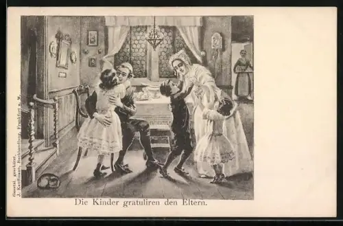 Lithographie Jüdische Familie in ihrem Haus, Kinder gratulieren den Eltern