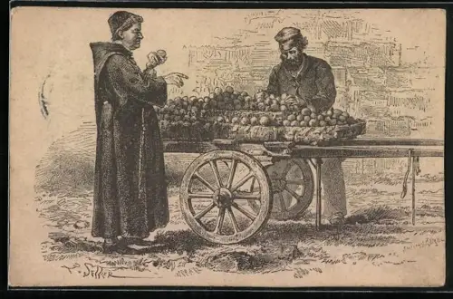 Künstler-AK Mönch an einem Strassenstand