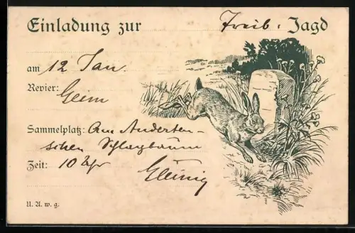 Künstler-AK Einladung zur Jagd, Hase rennt über ein Feld