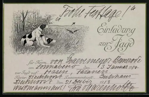 Künstler-AK Einladung zur Jagd 1914, Zwei Jagdhunde auf der Lauer