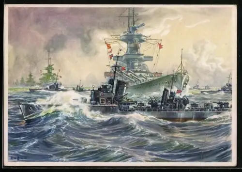 Künstler-AK K. Blossfeld: Durchbruch von Kriegsschiffen der Kriegsmarine