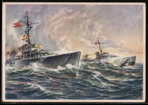 Künstler-AK K. Blossfeld: Zerstörer der Kriegsmarine auf Angriffskurs